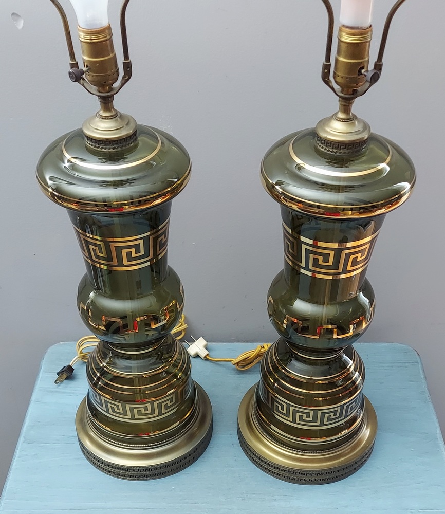 Pair of Vintage Hand Blown Green Glass Lamps